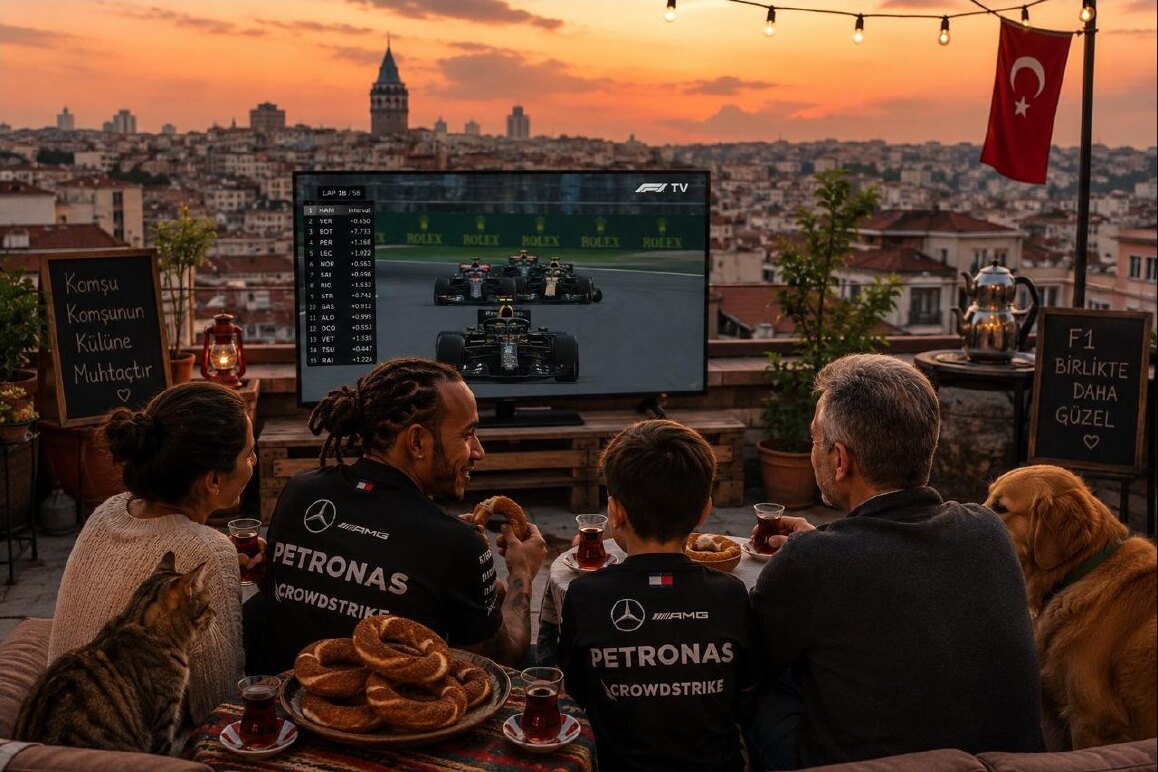 Çatıda çay içen komşular F1 izliyor