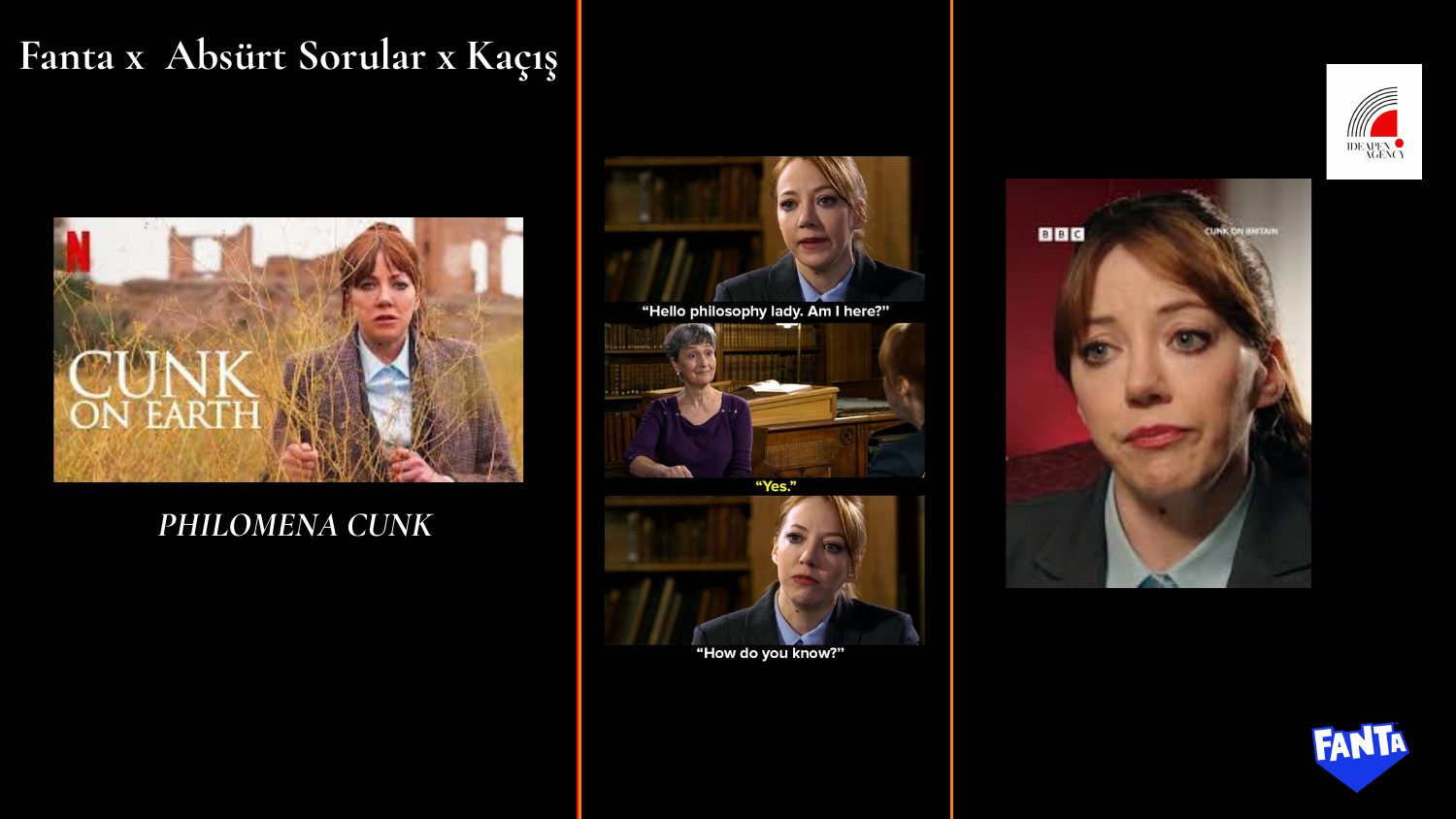 Fanta x Absürt Sorular x Kaçış: Philomena Cunk ilham panosu